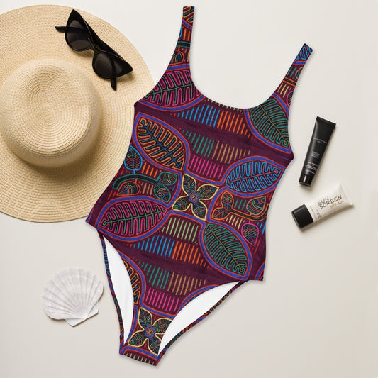 Purple-Maroon Mola One-Piece Swimsuit