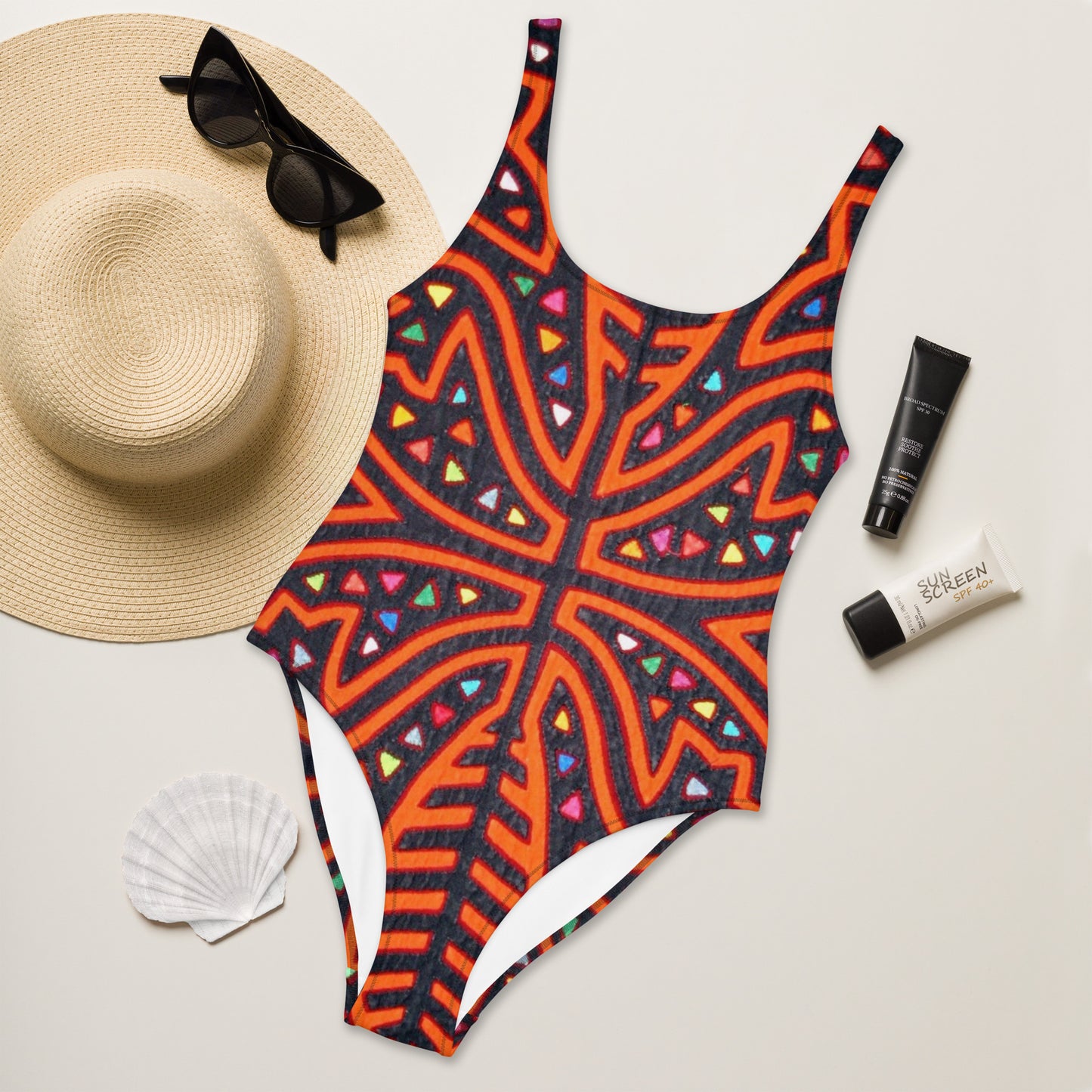 Orange and Black Mola Design One-Piece