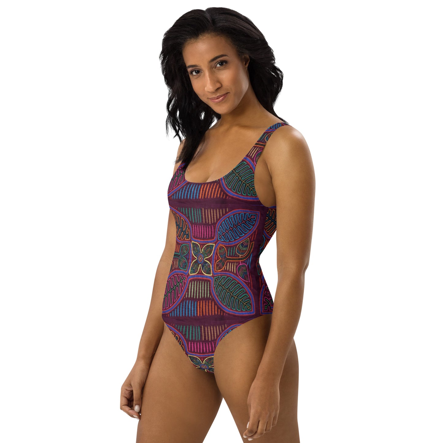 Purple-Maroon Mola One-Piece Swimsuit